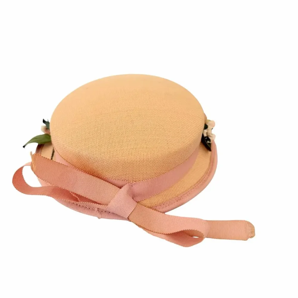 Vtg Pink Straw Boater Hat Floral Ribbton Sun Skimmer Garden Party Cottagecare